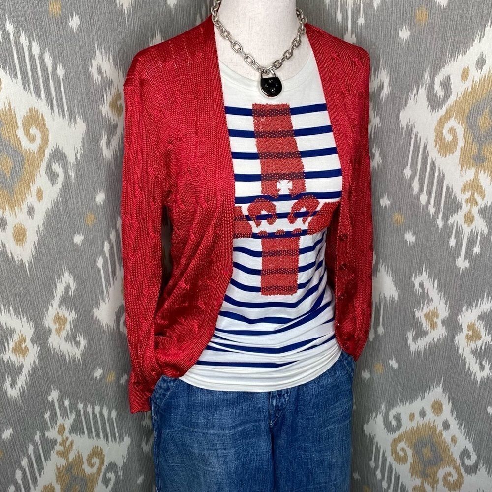Ralph Lauren '06 Red White & Blue Nautical Stripe Bead Embellished T-Shirt